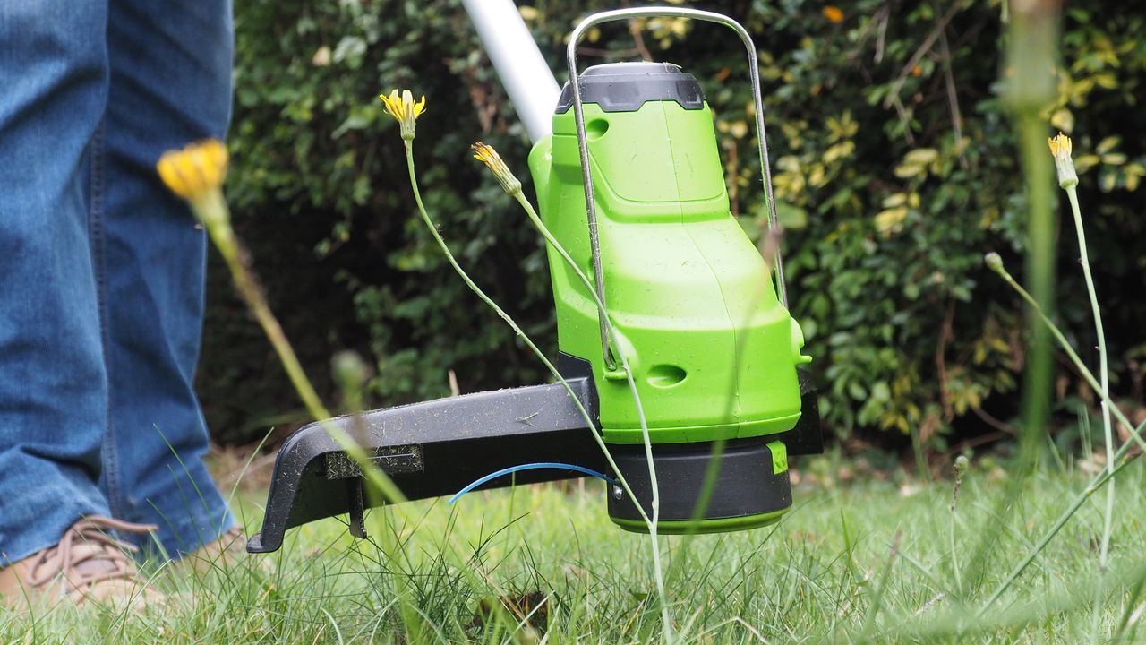 Greenworks G24LT28 cordless strimmer during testing at home