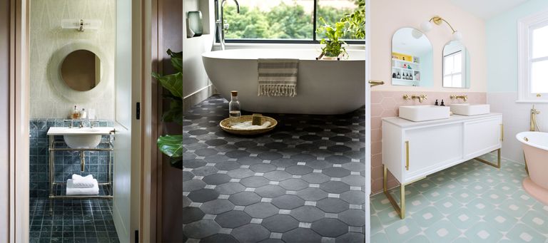 Small bathroom flooring ideas, tiled, vinyl, laminate flooring, green bathroom, black bathroom, pastel bathroom spaces
