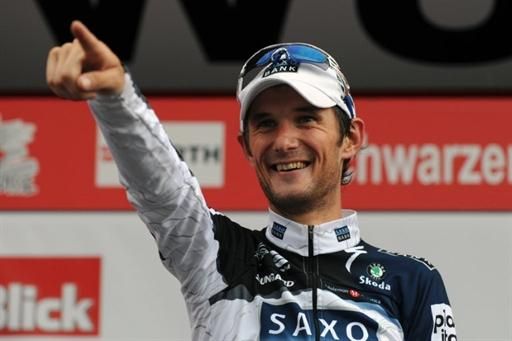 Frank Schleck (Saxo Bank) finds a friend in the crowd at the Tour de Suisse.
