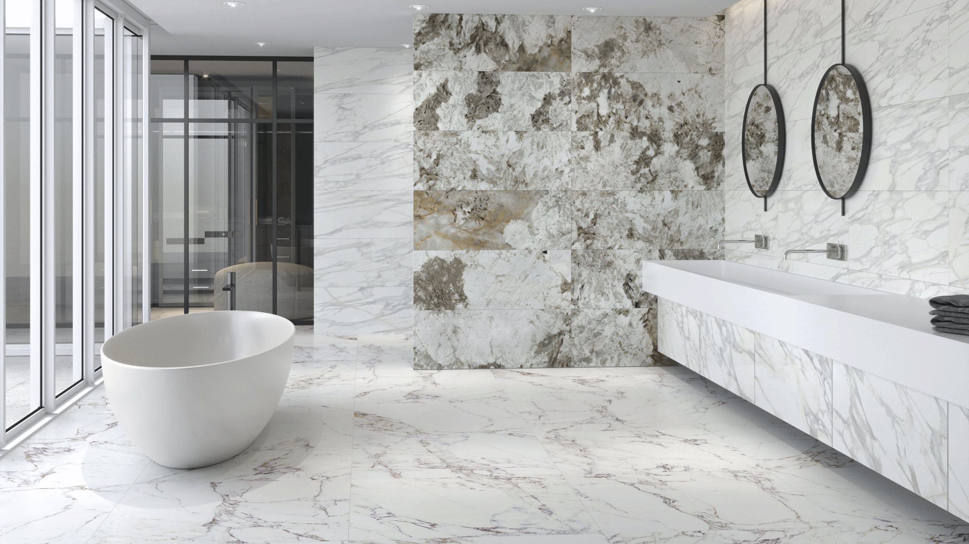 Marble bathroom covering floor and walls