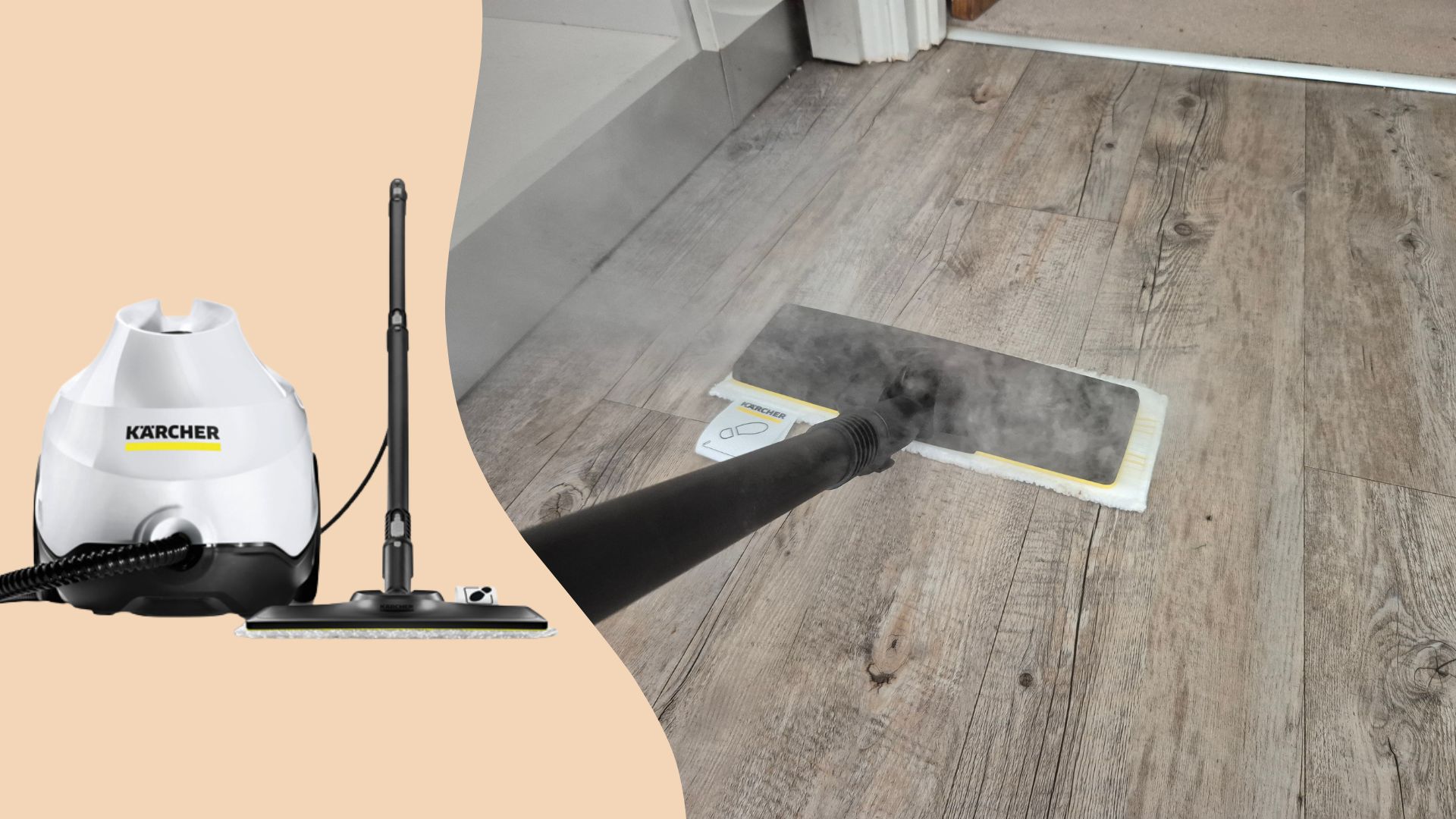 Karcher SC3 Steam Cleaner being tested on wooden floors next to a cutout of the Karcher SC3 Steam Cleaner on a beige background