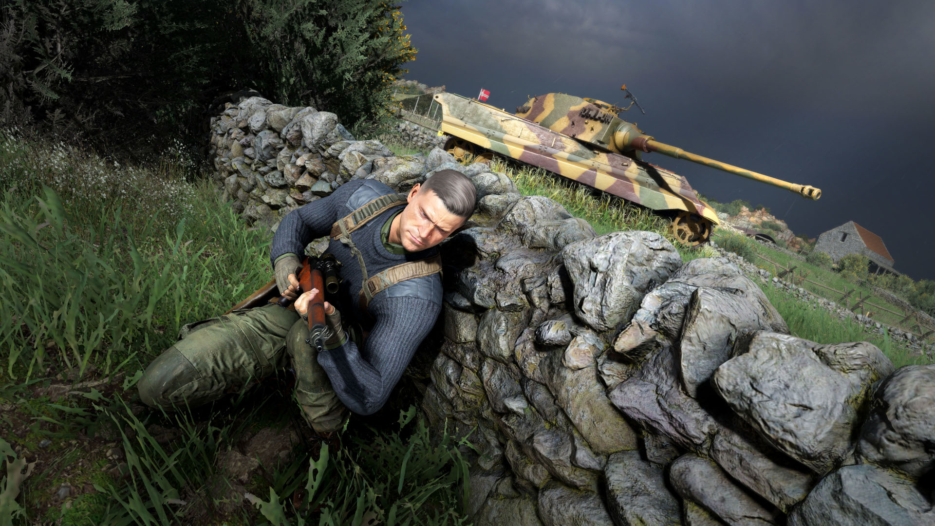 A soldier takes cover behind a wall in Sniper Elite 5