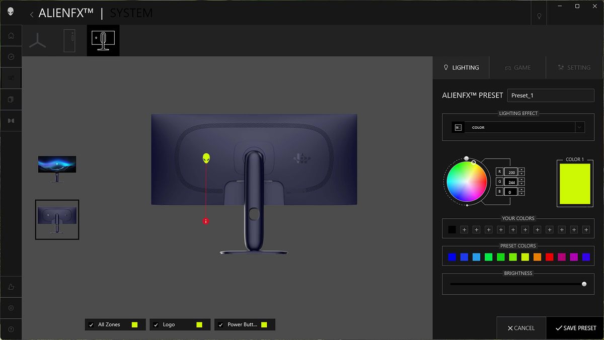 A screenshot of the Command Center app showing RGB customization options for the Alien icon on the back of the Alienware 34" Curved QD-OLED AW3425DW Gaming Monitor.