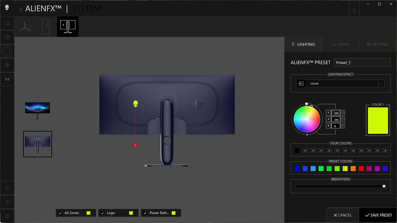 A screenshot of the Command Center app showing RGB customization options for the Alien icon on the back of the Alienware 34" Curved QD-OLED AW3425DW Gaming Monitor.