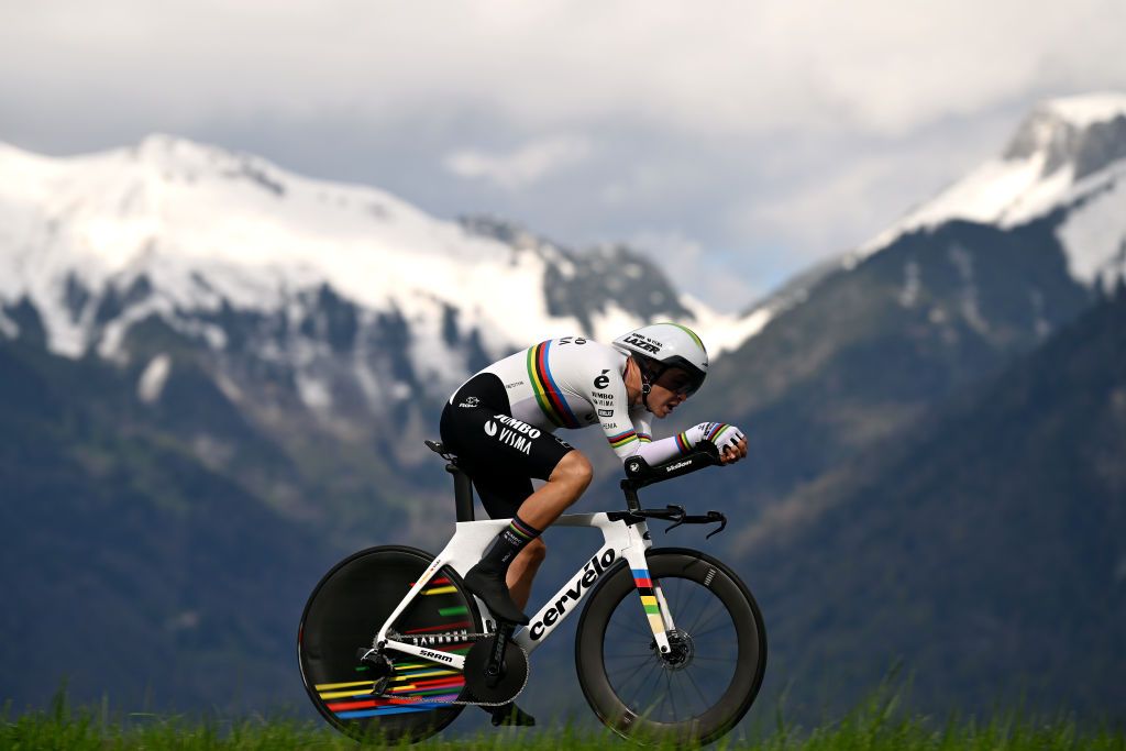 PORTVALAIS SWITZERLAND APRIL 25 Tobias Foss of Norway and Team JumboVisma sprints during the 76th Tour De Romandie 2023 Prologue a 682km stage from PortValais to PortValais UCIWT on April 25 2023 in PortValais Switzerland Photo by Dario BelingheriGetty Images