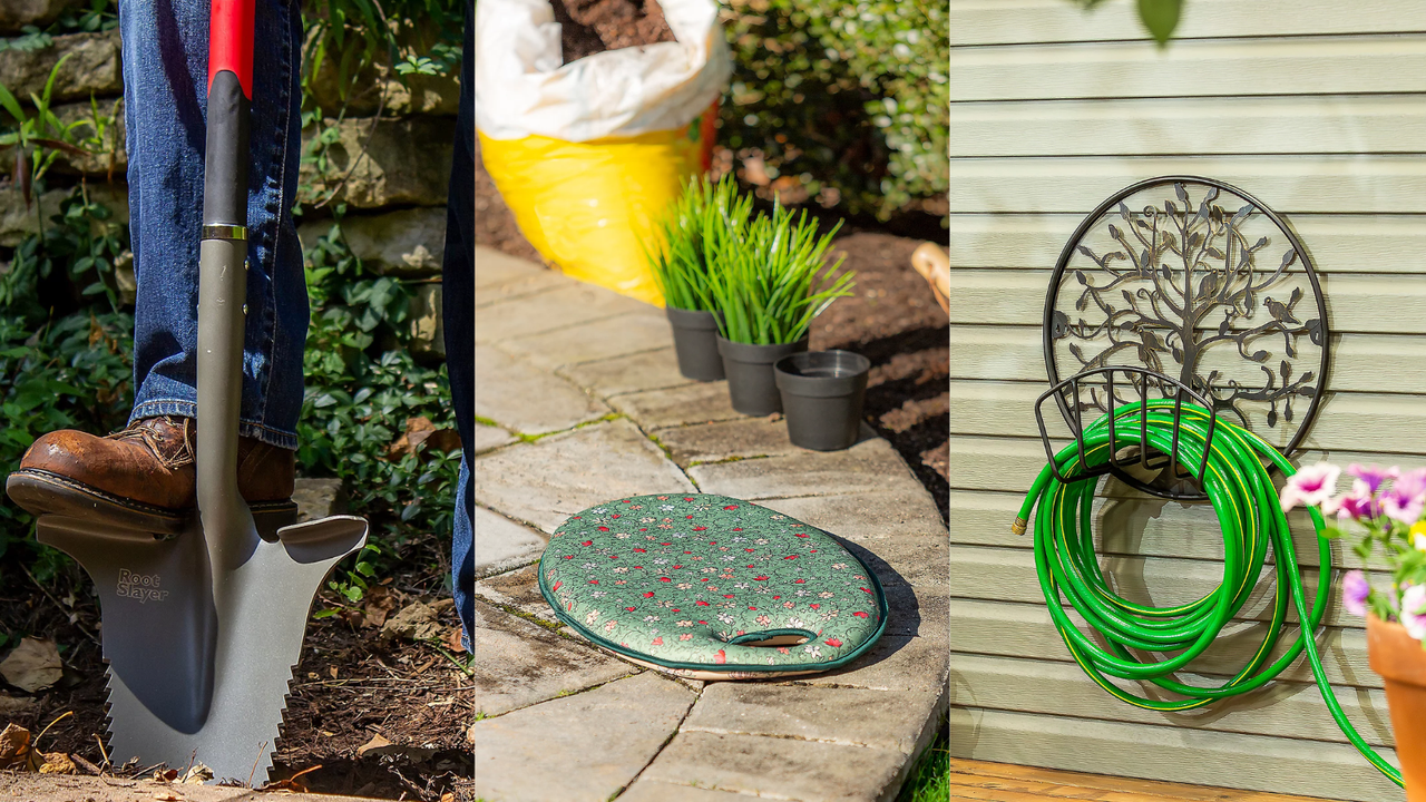 A three-panel image of QVC gardening essentials