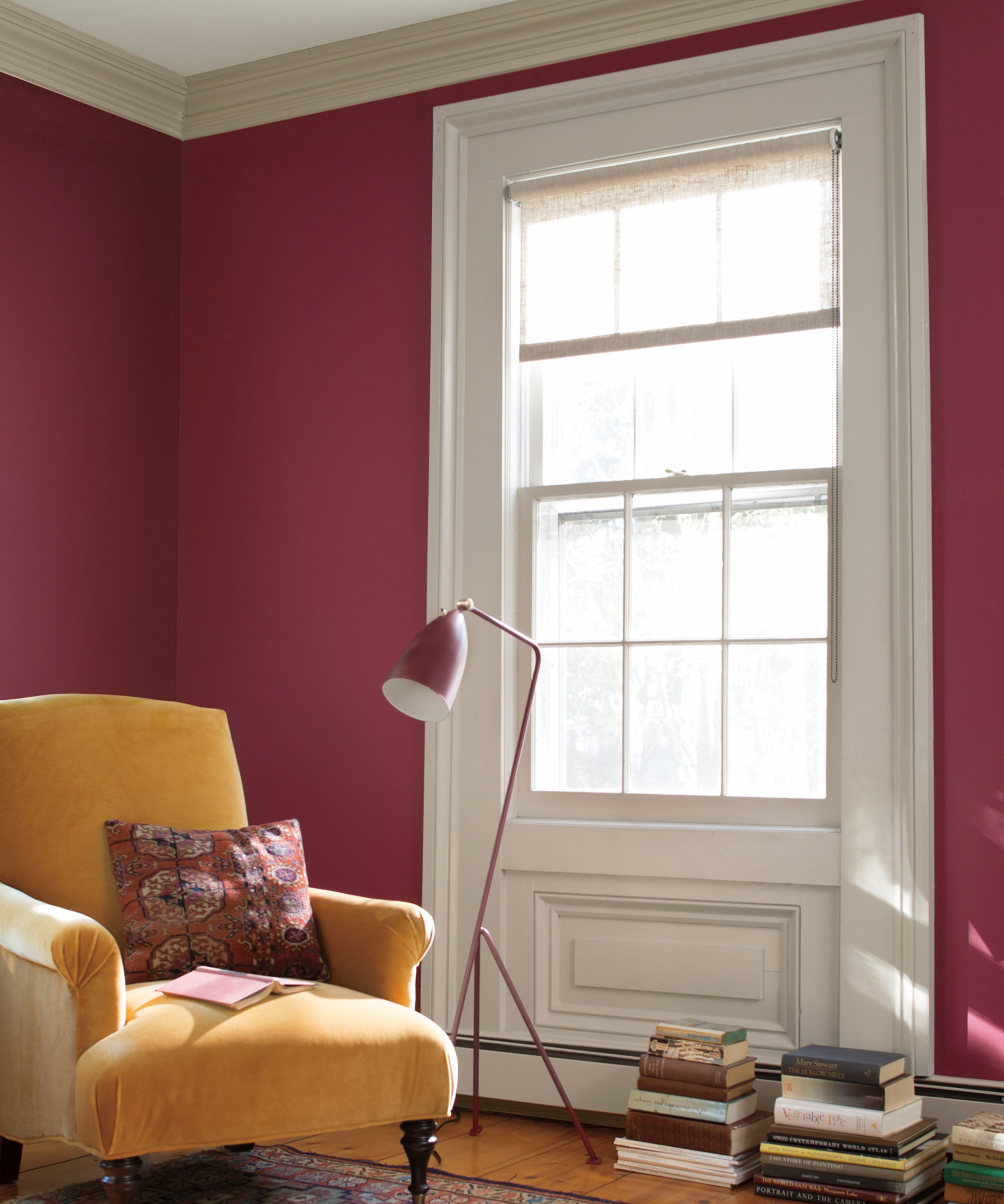 Paint color ideas in a living room by Benjamin Moore Aura Matte in Cranberry Cocktail 2083 20, Wish AF 680 and Pashmina AF 100