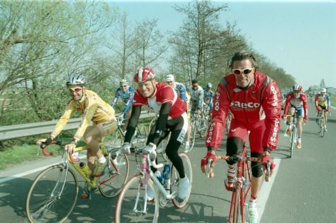 Marco Pantani, Bjarne Riis and Mario Cipollini at the 1997 Milan-San Remo classic - won that year by Erik Zabel