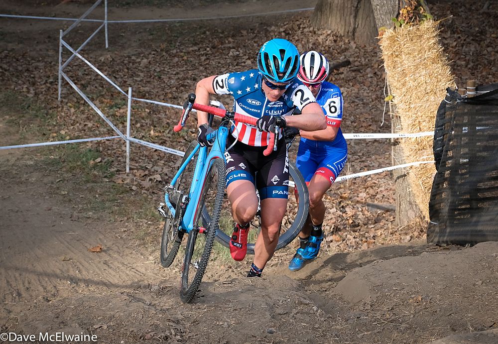 Katie Compton (Trek Panache) running the limestone steps with Katerina Nash (Cliff Bar Pro Team)