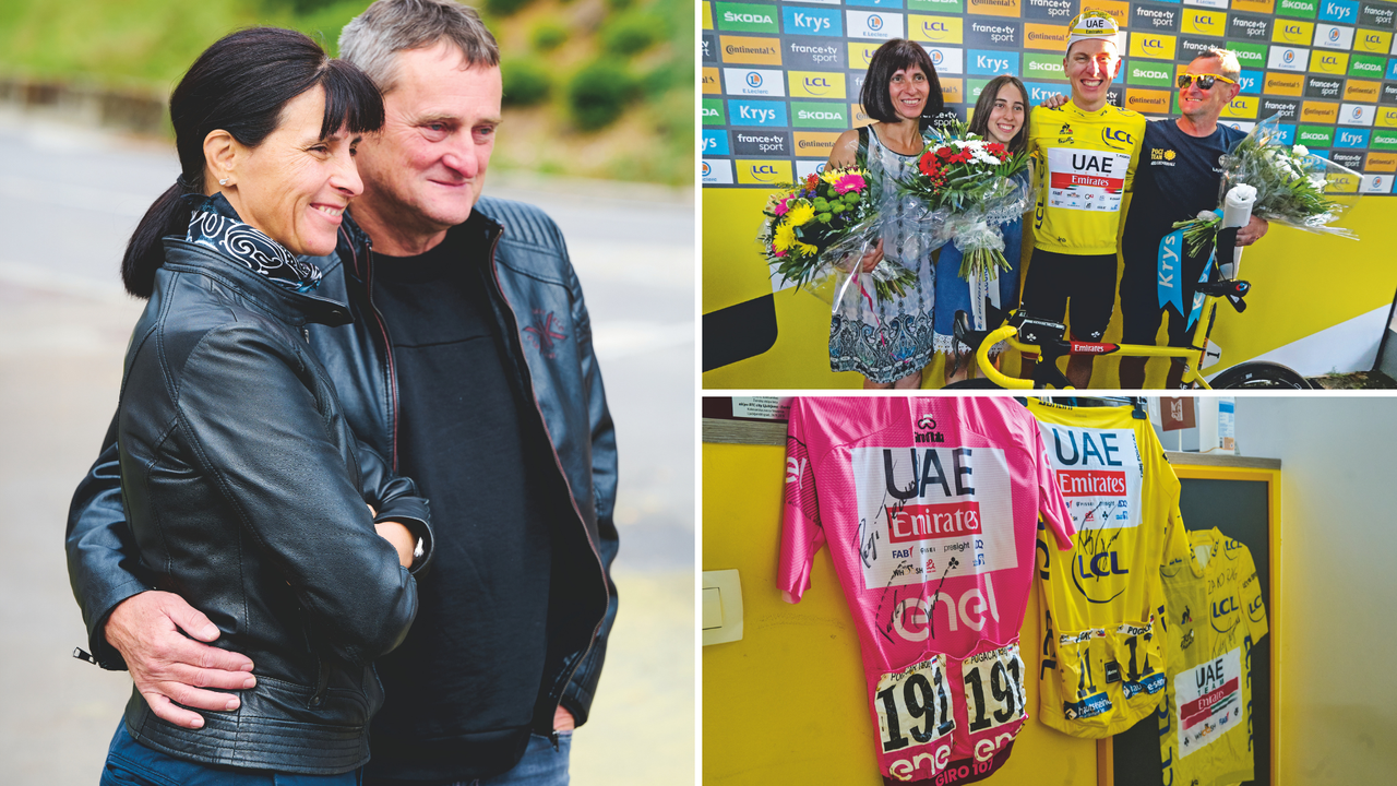 Left: Image of Marjeta and Mirko Pogačar, Top Right: Marjeta and Mirko Pogačar with Tadej in the yellow jersey, Bottom Right: Winning jerseys