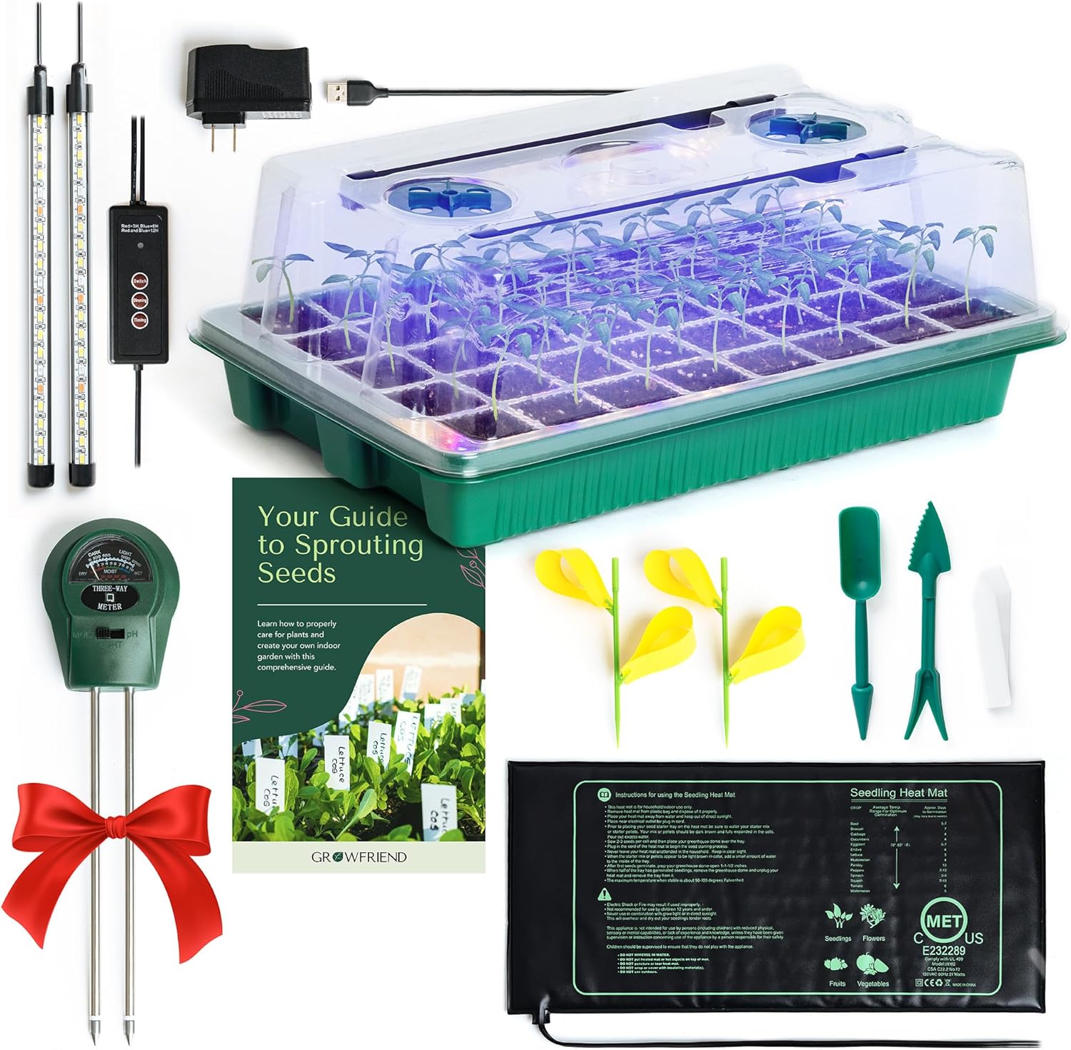 Growfriend Seed Starter Kit With Grow Lights &amp;amp; Heat Mat &amp;ndash; 40-Cell Seed Starter Tray, Humidity Dome, Soil Moisture Meter &amp;amp; Sticky Gnat Traps &amp;ndash; Indoor Greenhouse &amp;amp; Plant Propagation Station