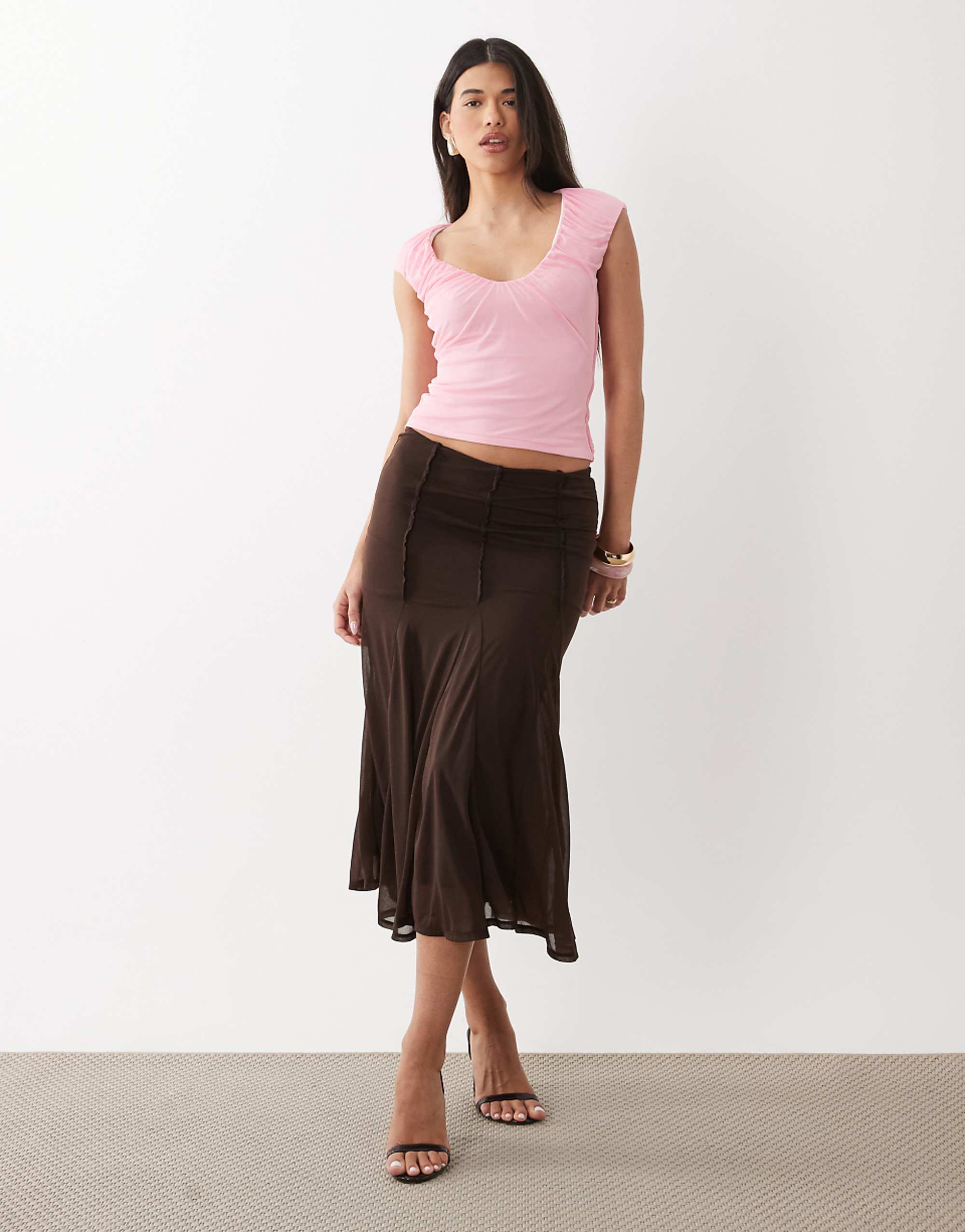 Asos Design Mesh Ruched Scoop Top in Pink