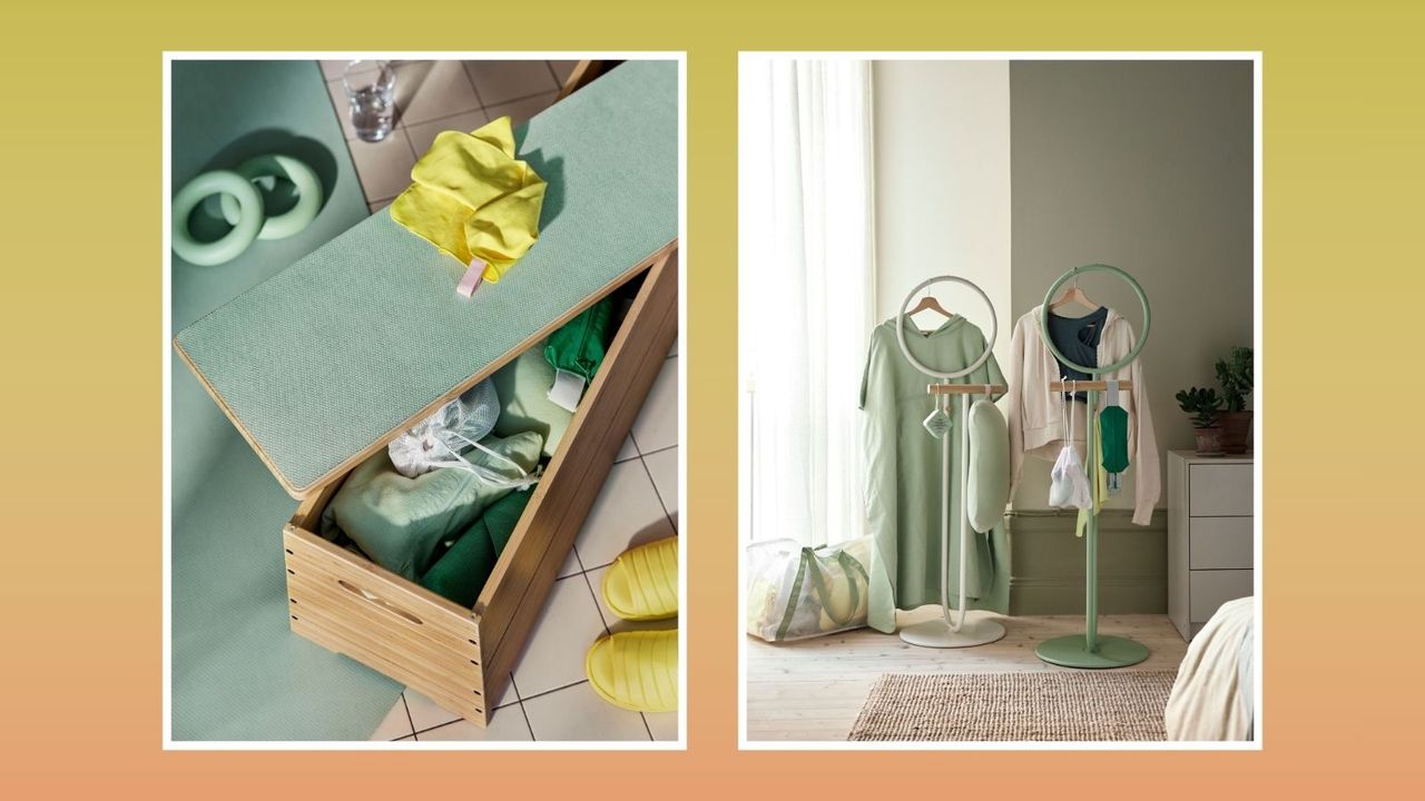 IKEA workout collection: two photos of the new line of equipment and storage goods from IKEA on a yellow and pink background