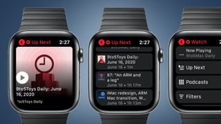 Three Apple Watches on a blue background showing the Pocket Casts app