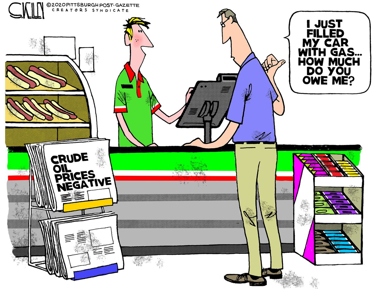 Editorial Cartoon U.S. gas tank full station owes driver crude oil plunges