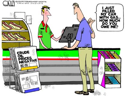 Editorial Cartoon U.S. gas tank full station owes driver crude oil plunges
