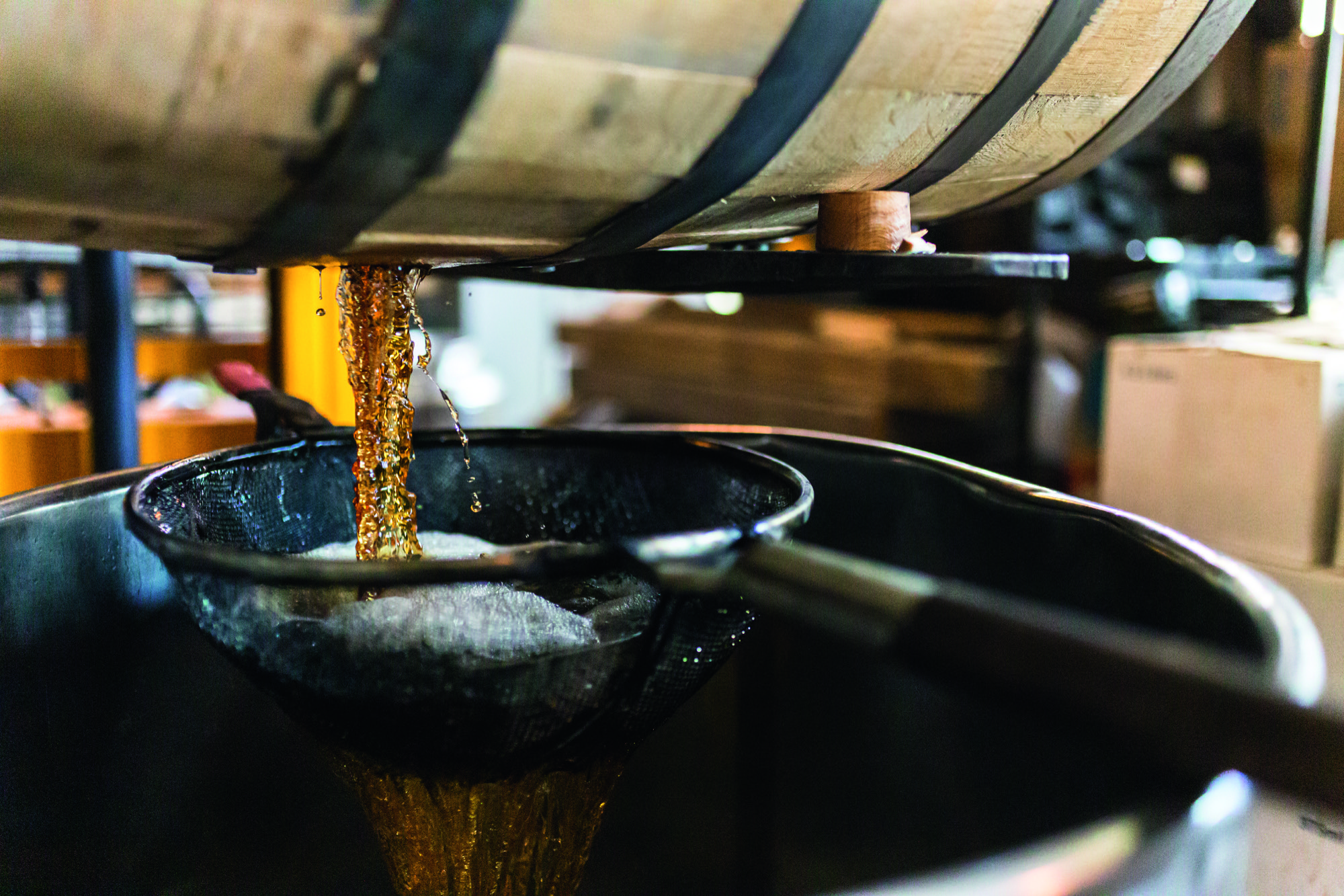 A whisky barrel being emptied over a sieve