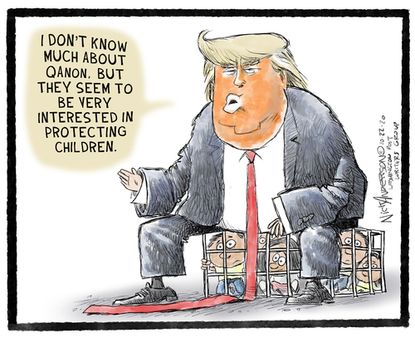 Political Cartoon U.S. Trump qanon children border cages