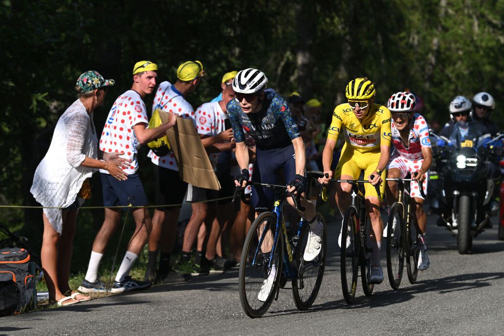 COL DE LA COUILLOLE FRANCE JULY 20 LR Jonas Vingegaard Hansen of Denmark and Team Visma Lease a Bike Tadej Pogacar of Slovenia and UAE Team Emirates Yellow Leader Jersey and Richard Carapaz of Ecuador and Team EF Education EasyPost Polka dot Mountain Jersey compete in the breakaway during the 111th Tour de France 2024 Stage 20 a 1328km stage from Nice to Col de la Couillole 1676m UCIWT on July 20 2024 in Col de la Couillole France Photo by Dario BelingheriGetty Images
