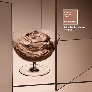 Pantone colour of the year 2025 Mocha Mousse graphic with a cup of chocolate mousse