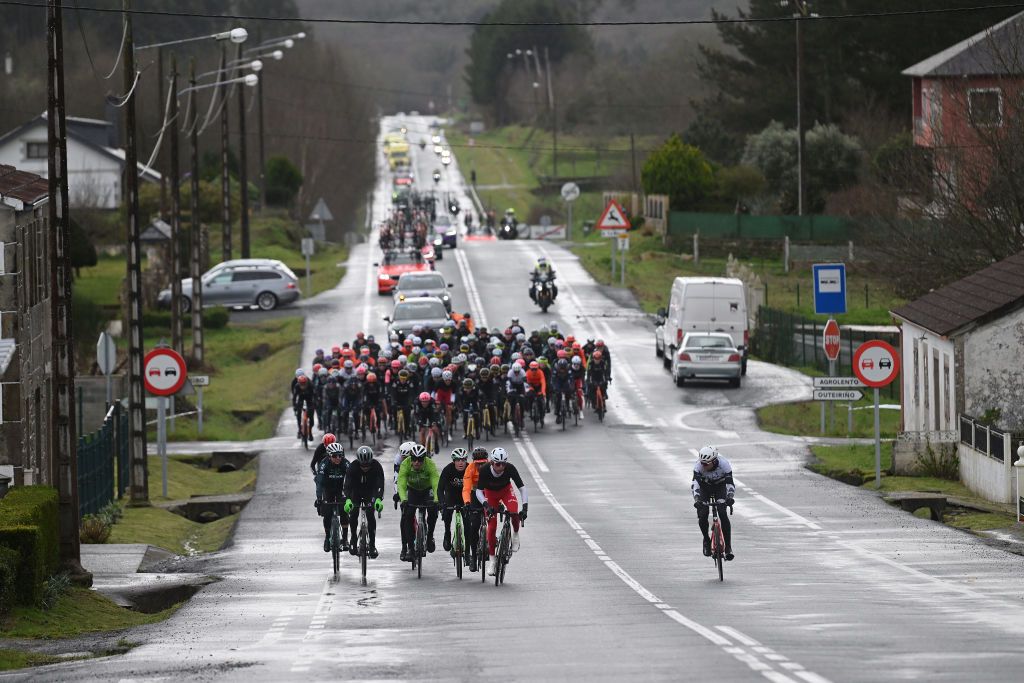 CHANTADA SPAIN FEBRUARY 23 A general view of the breakaway competing during the 3rd O Gran Camio The Historical Route 2024 Stage 2 a 1512km stage from Taboada to Chantada 481m on February 23 2024 in Chantada Spain Photo by Dario BelingheriGetty Images