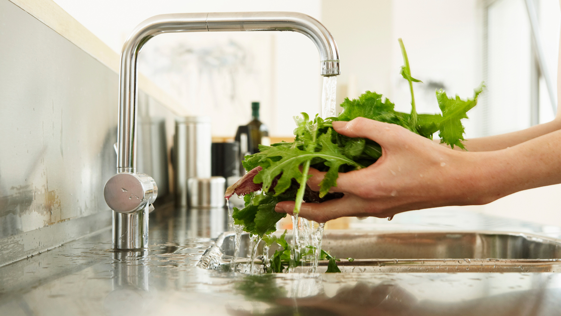 person washing green vegetables under the tap