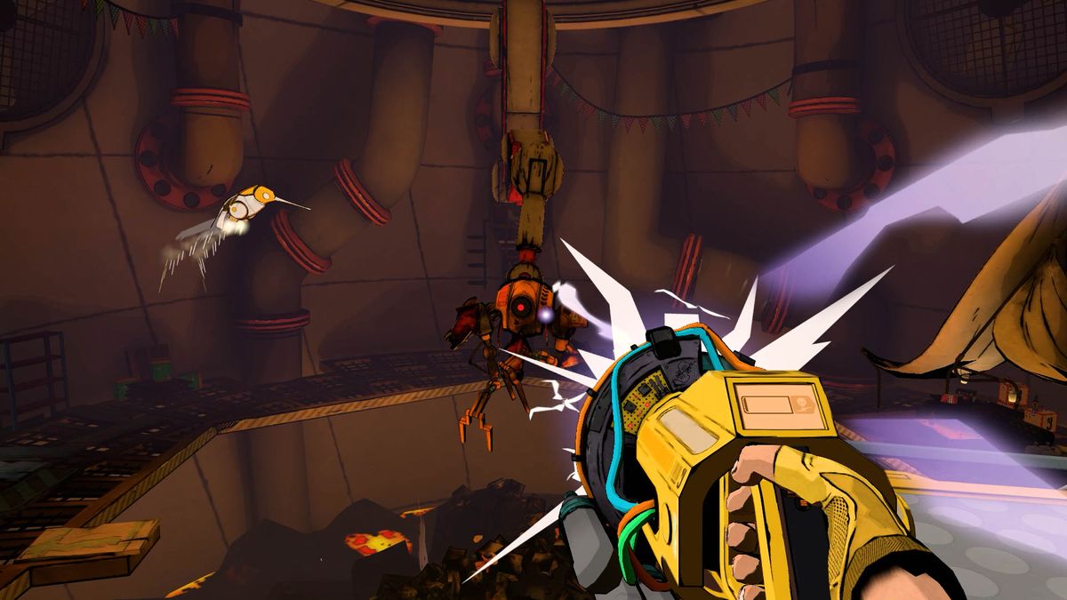 Blasting a bot held over a garbage pit in The Last Worker