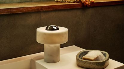 A marble table lamp on top of a toilet basin next to a soap tray and soap 