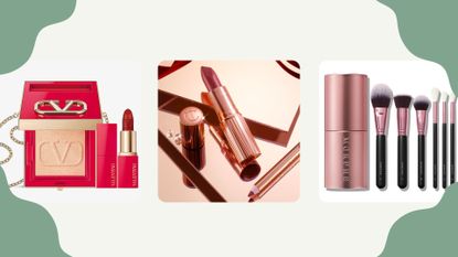 Three of the best Christmas makeup gift sets for 2022 by valentino, charlotte tilbury and morphe with green corners background