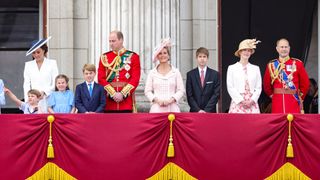 Queen Elizabeth II, Prince Louis of Cambridge, Catherine, Duchess of Cambridge, Princess Charlotte of Cambridge, Prince George of Cambridge, Prince William, Duke of Cambridge, Sophie, Countess of Wessex, James, Viscount Severn, Lady Louise Windsor and Prince Edward, Earl of Wessex on the balcony of Buckingham Palace