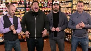 Murr, Sal, Q, and Joe laughing at pencils falling from Joe's butt.