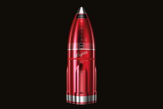 packaging design, a red bullet shaped bottle