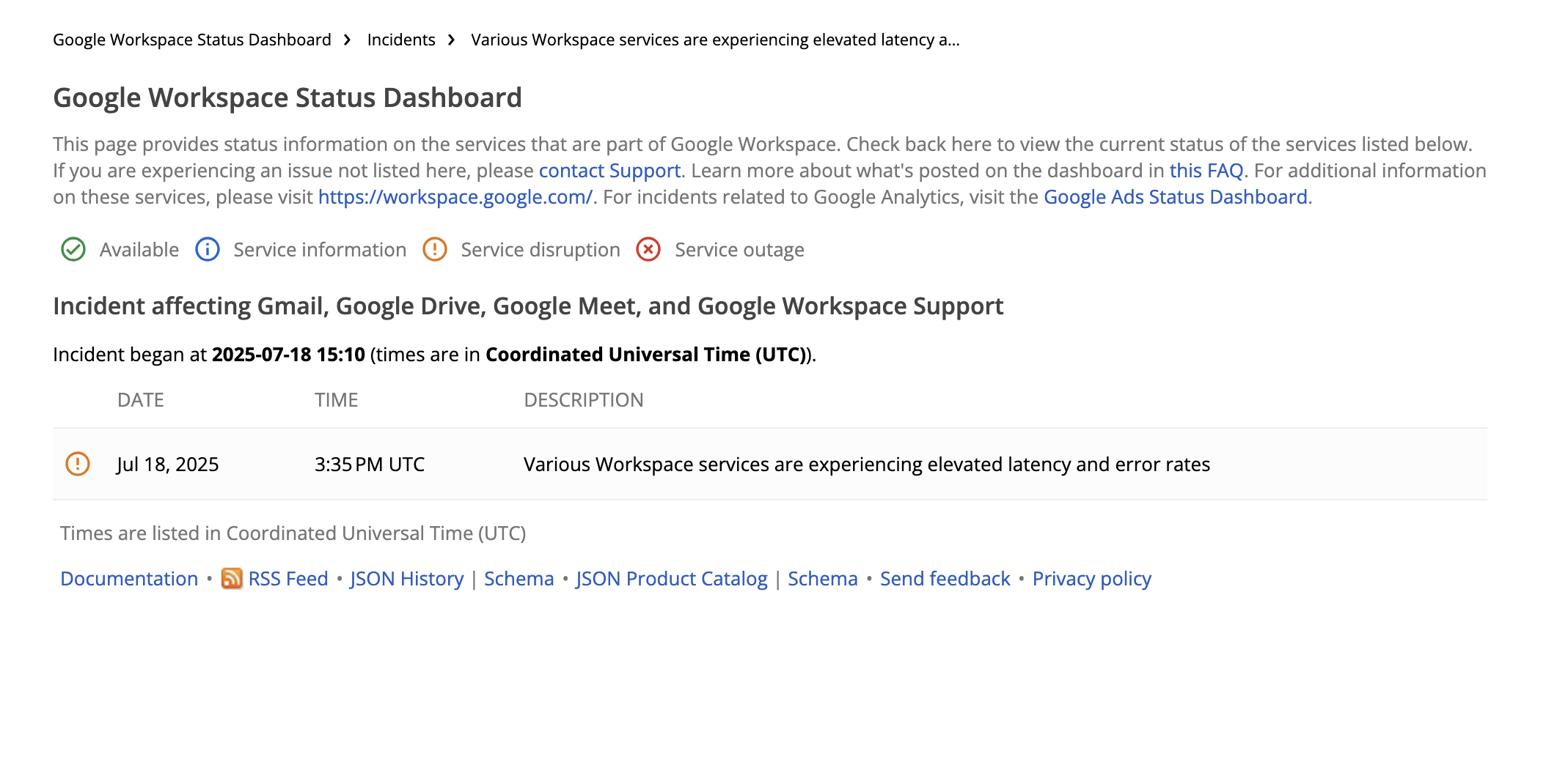 Google status page