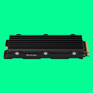 The best high capacity gaming SSD, the Nextorage NEM-PA, on a green background 