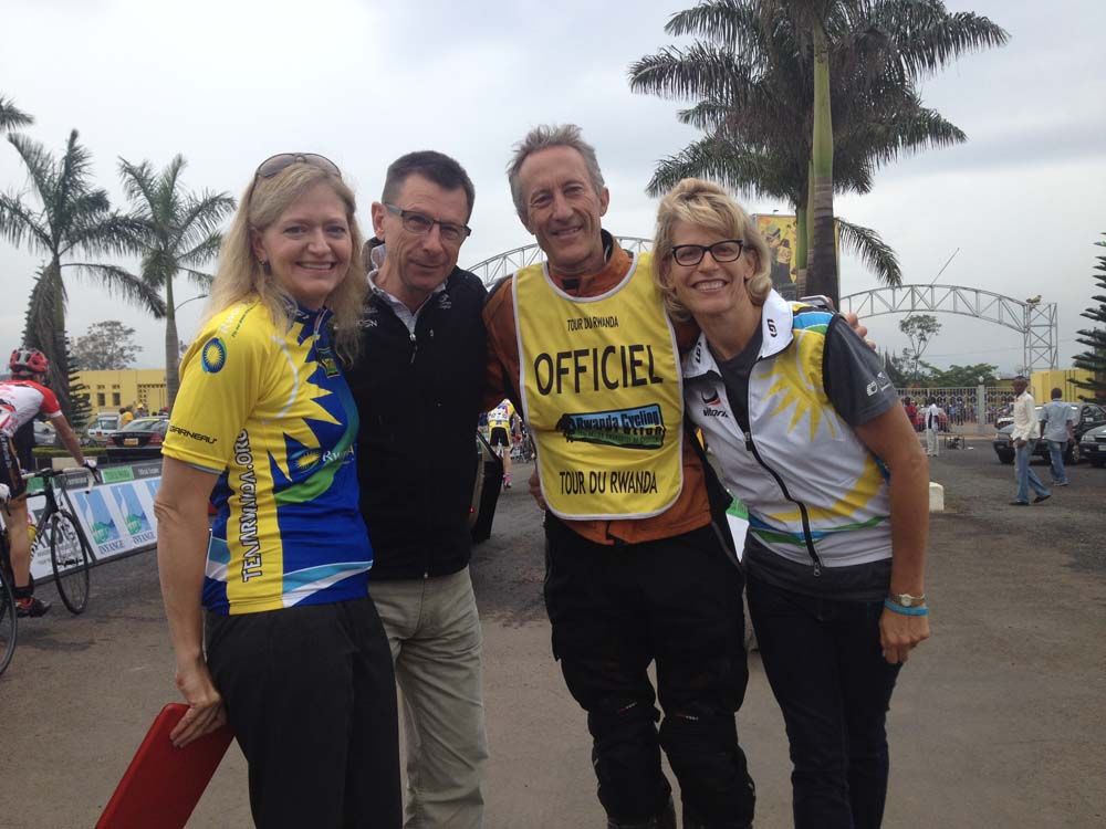 Erica J. Barks-Ruggles (US Ambassador in Rwanda), Paul Sherwen (former pro and television commentator), Jock Boyer (former pro and Team Rwanda National coach) and Kim Moszyck Coats (Team Rwanda Director of Marketing and Logistics) at the start of Tour of Rwanda stage 2 in Kigali.