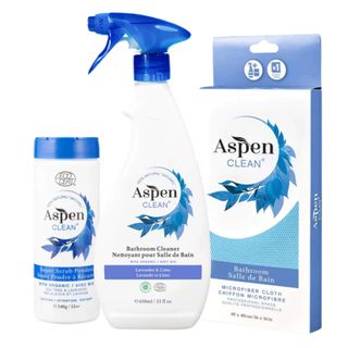 Three blue and white packages of AspenClean bathroom cleaner in a set