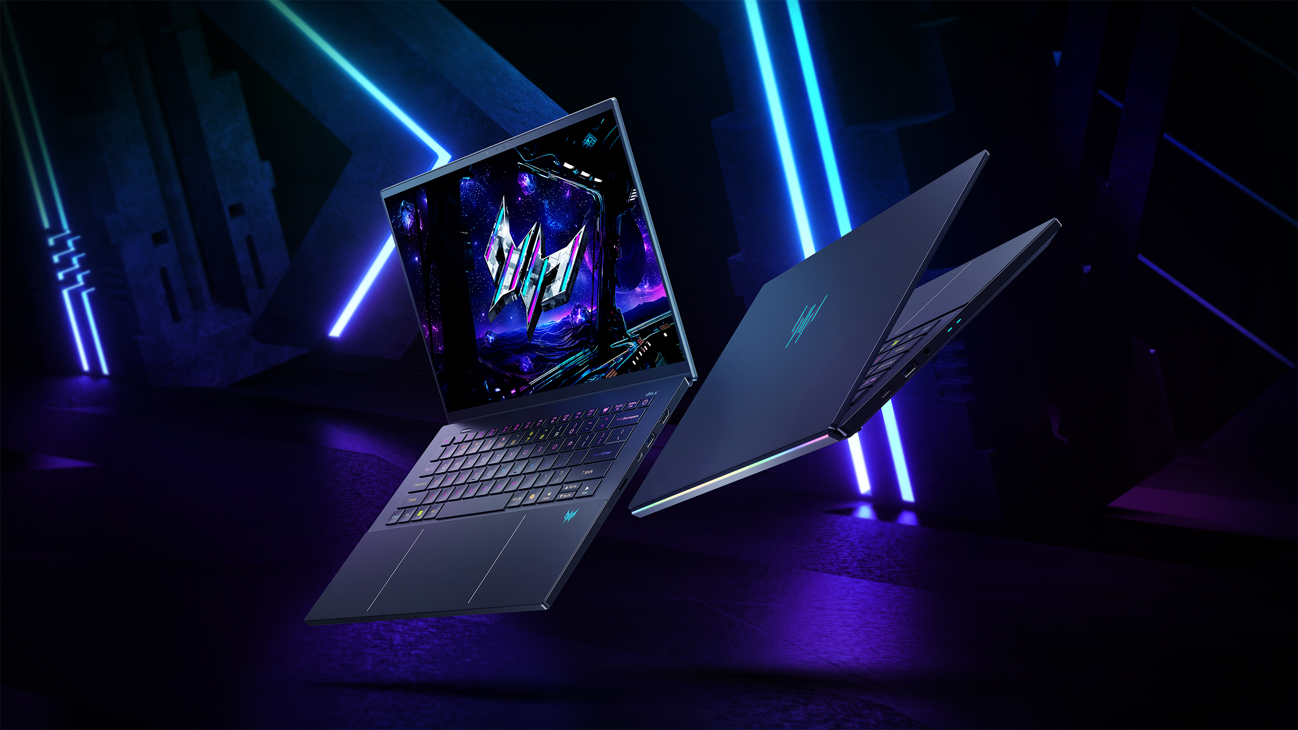 Acer Predator Triton 14 AI gaming laptop against a futuristic blue and purple background.