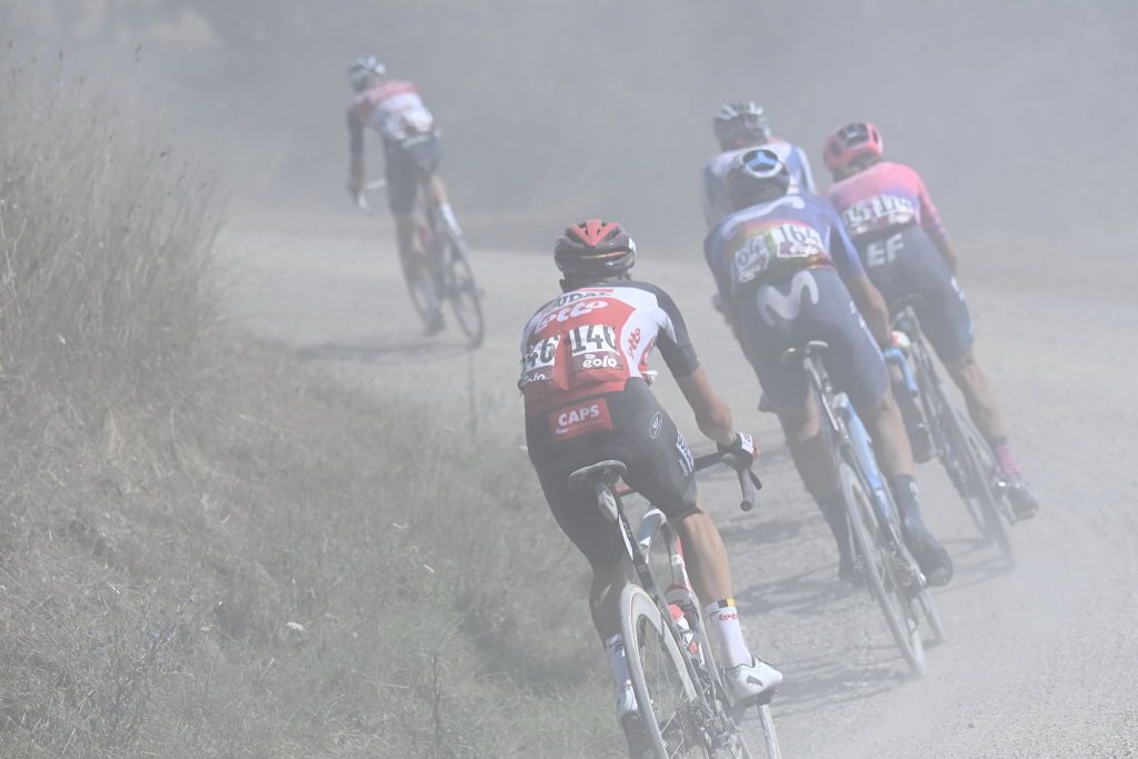 Illustration shows cyclists in the dust during the Strade Bianche one day cycling race 184km men from and to Siena Italy Saturday 01 August 2020BELGA PHOTO DIRK WAEM Photo by DIRK WAEMBELGA MAGAFP via Getty Images