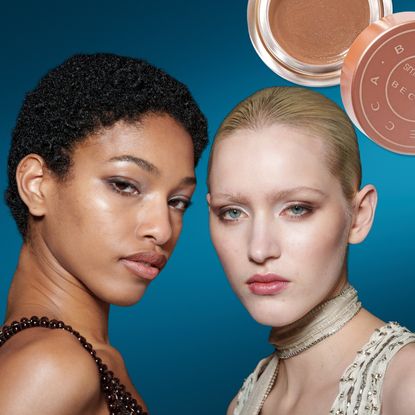 two women with dark circles on a blue background