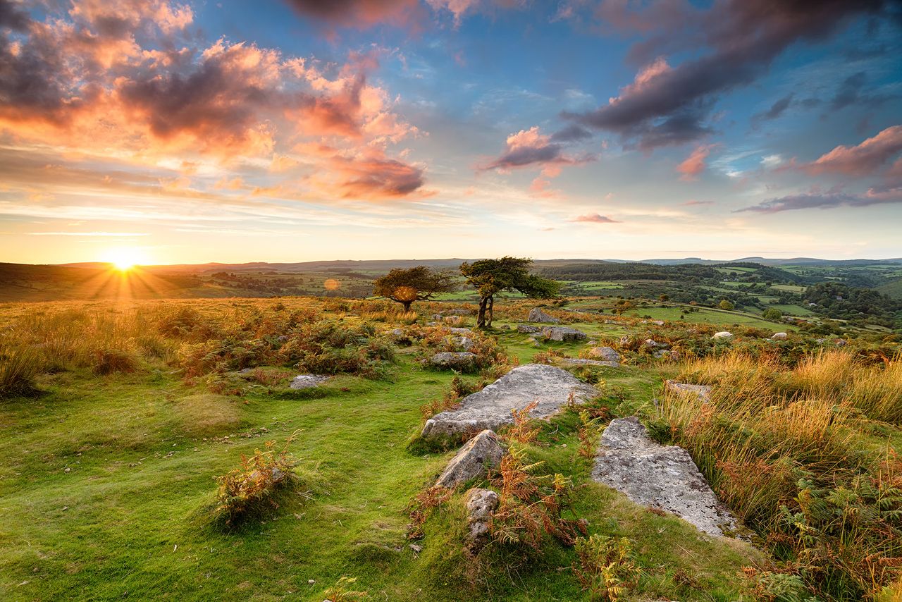 Stunning sunset over Dartmoor from Combestone Tor.