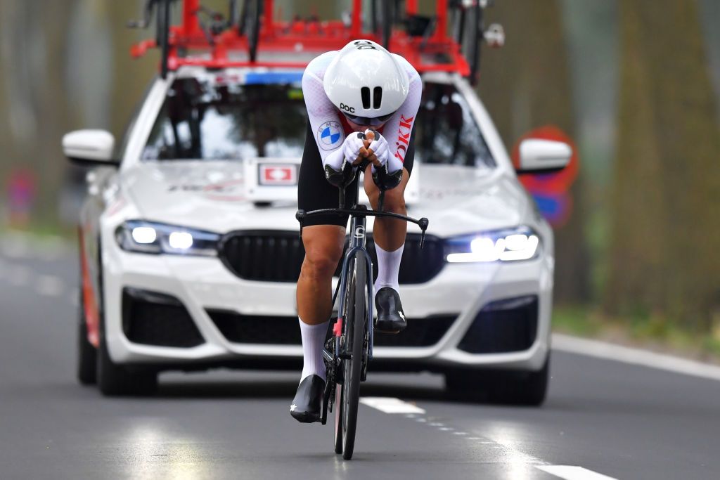 BRUGES BELGIUM SEPTEMBER 19 Stefan Bissegger of Switzerland sprints during the 94th UCI Road World Championships 2021 Men Elite ITT a 433km Individual Time Trial race from KnokkeHeist to Bruges flanders2021 ITT on September 19 2021 in Bruges Belgium Photo by Luc ClaessenGetty Images