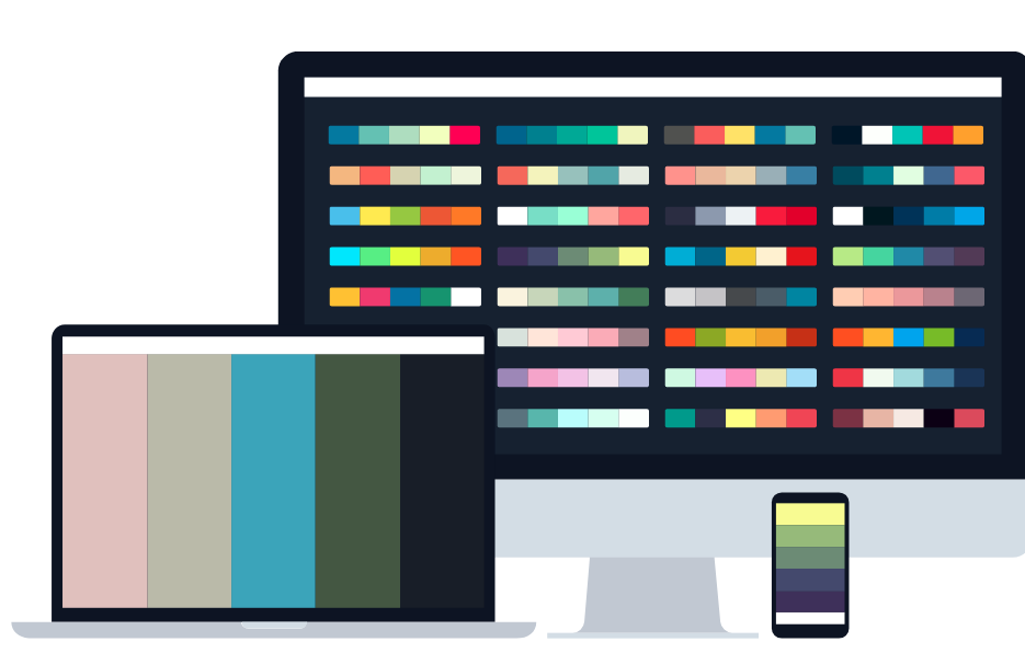 Laptop, desktop and mobile screens displaying colour palettes