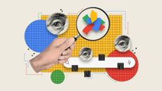Illustration of a search bar surrounded by grids in the Google logo colors, with a hand holding a magnifying glass