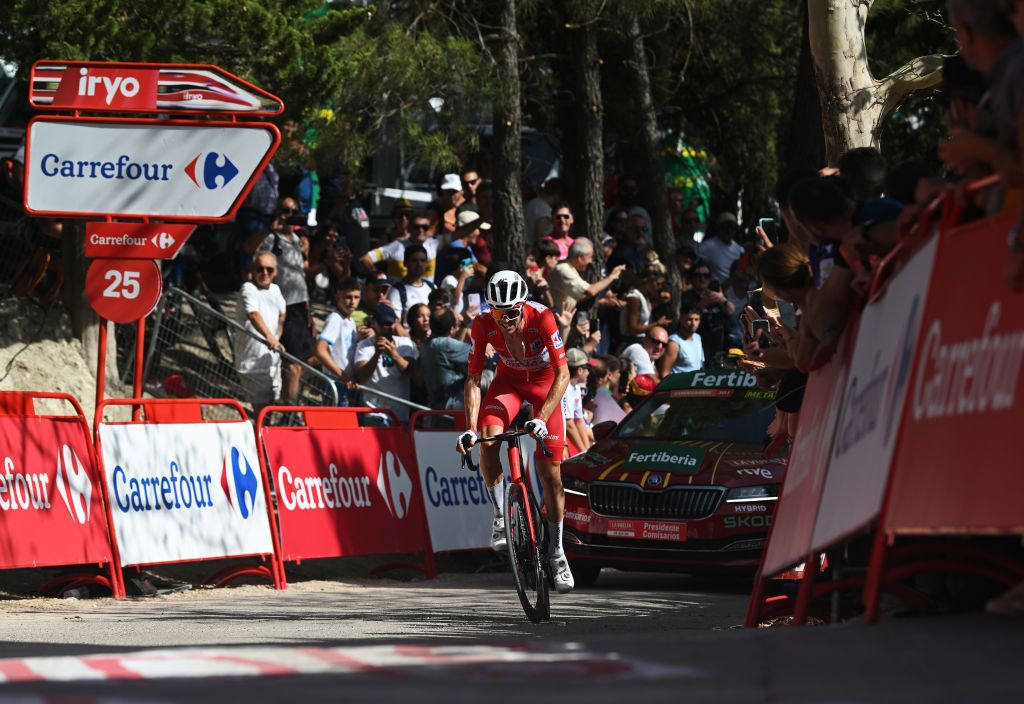 CAZORLA SPAIN AUGUST 24 Ben OConnor of Australia and Team Decathlon AG2R La Mondiale Red Leader Jersey crosses the finish line during the La Vuelta 79th Tour of Spain 2024 Stage 8 a159km stage from Ubeda to Cazorla 1056m UCIWT on August 24 2024 in Cazorla Spain Photo by Dario BelingheriGetty Images