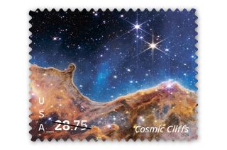 stamp showing an orange-brown nebula that looks like hills against a star-studded, blue-back background with "cosmic cliffs" written at bottom right.