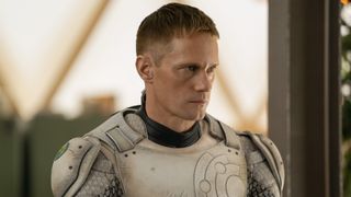 Alexander Skarsgård in a robotic suit in Murderbot