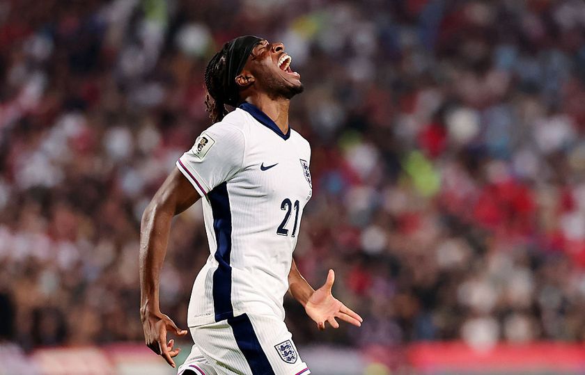 Noni Madueke of England celebrates scoring his team&#039;s second goal during the FIFA World Cup 2026 qualifier match between Serbia and England at Rajko Mitic Stadium on September 09, 2025 in Belgrade, Serbia.
