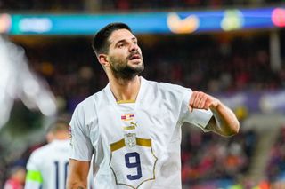 Serbia's forward Aleksandar Mitrovic celebrates after scoring 0-2 during the UEFA Nations League Group 4 between Norway and Serbia in Oslo on September 27, 2022.