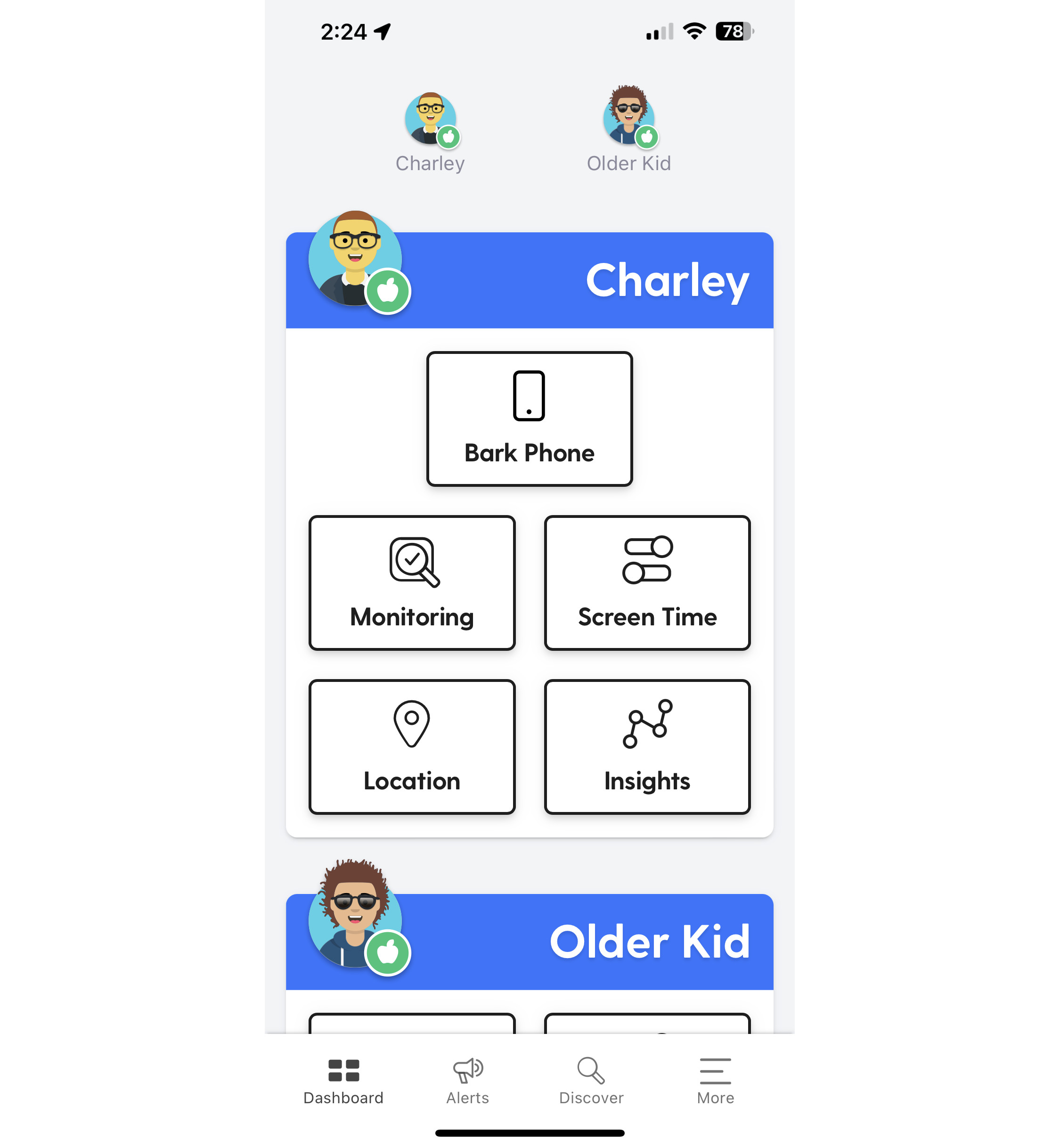 Screenshot showing dashboard of Bark Parent app