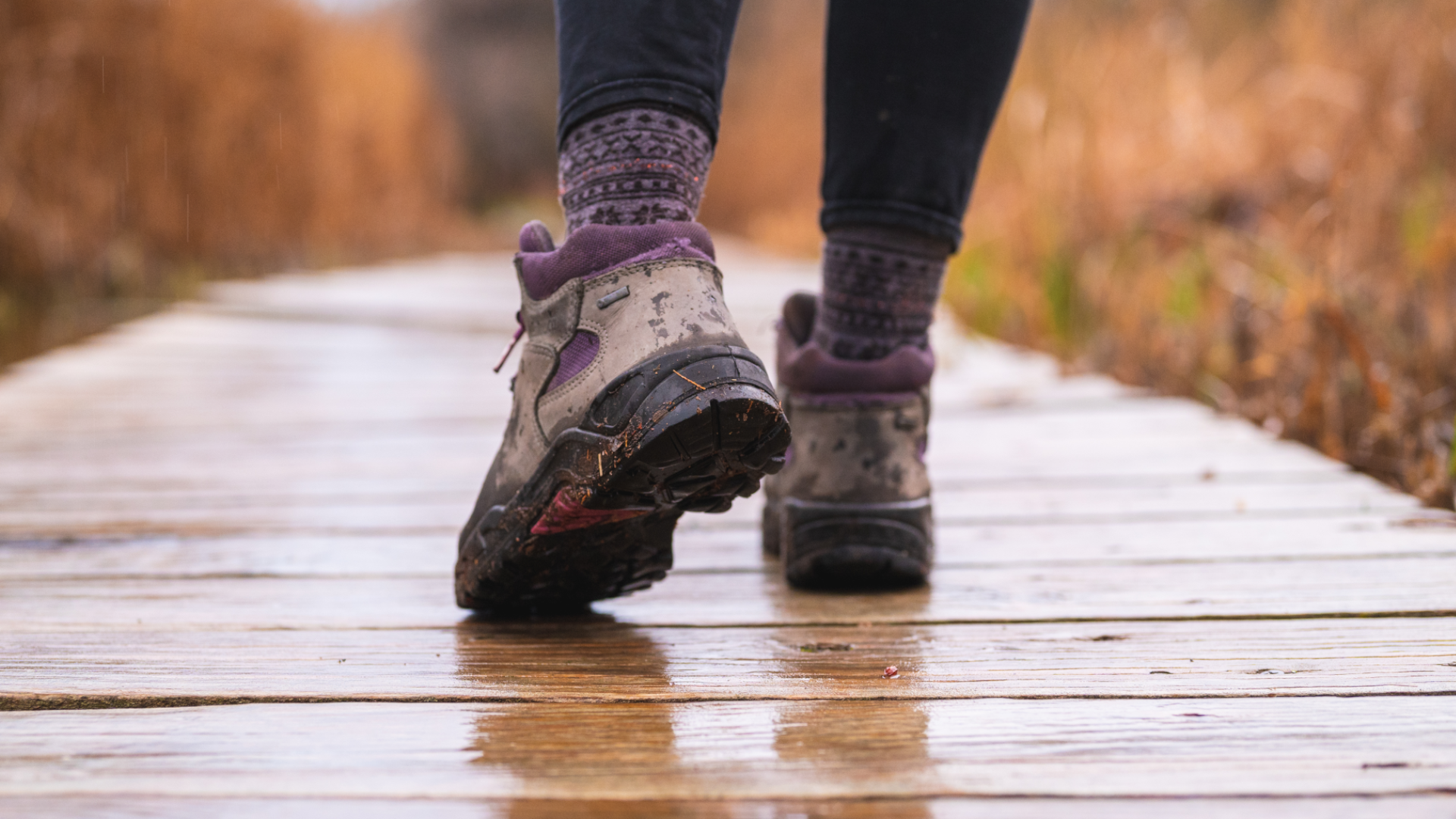 A close up of wet and muddy hiking boots